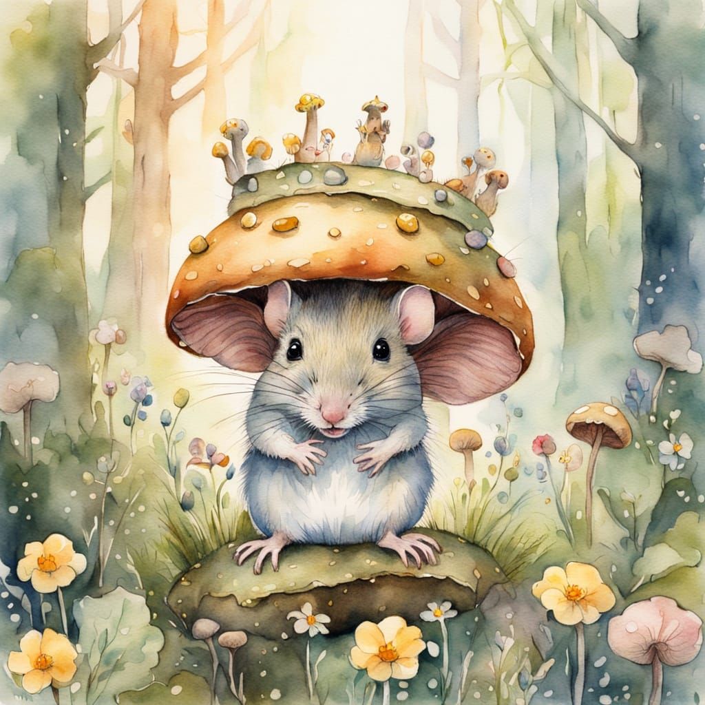 Crowned Mouse on Mushroom Throne: Watercolor Illustration