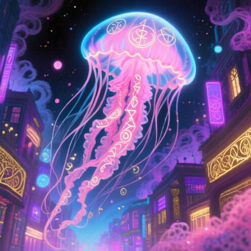 Bioluminescent Jellyfish Drifting Through Vaporwave City