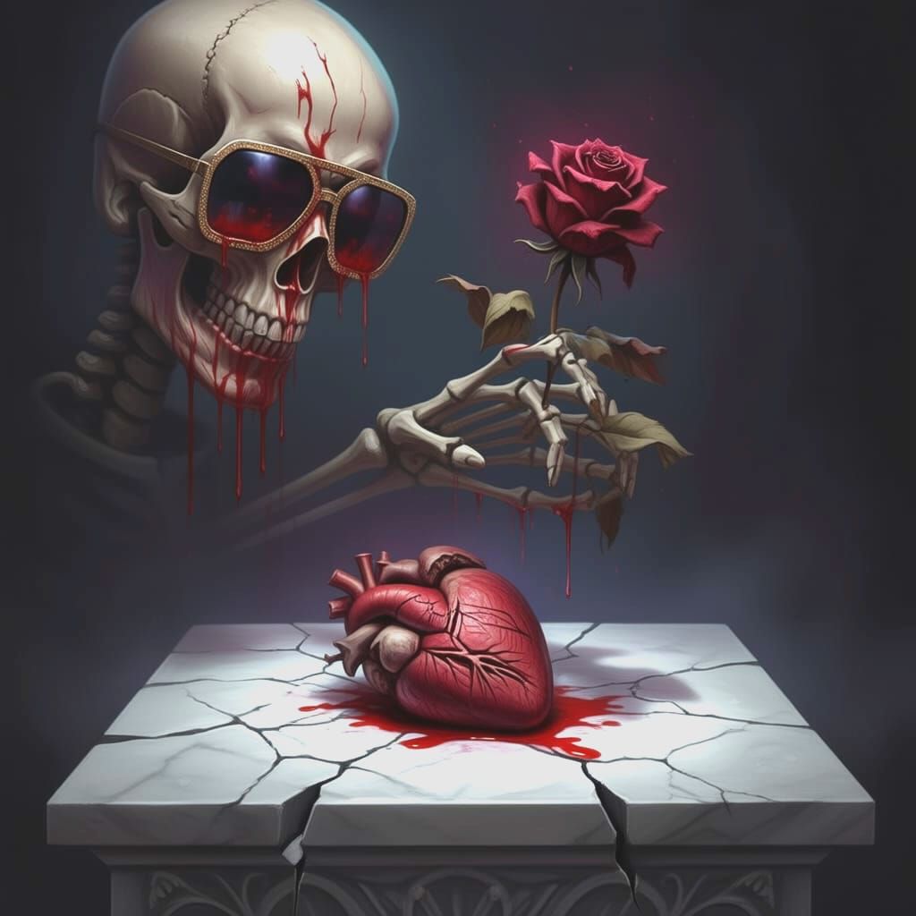 Surrealism. close up. A skeleton hand offers a single wiltin...