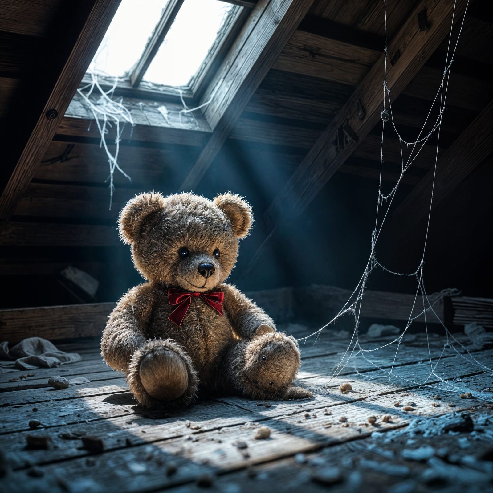 Tattered Teddy Bear in Dusty Attic Moonlight