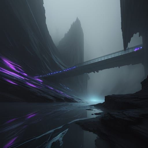 Majestic Futuristic Bridge in a Misty, Moody Sci-Fi Landscap...