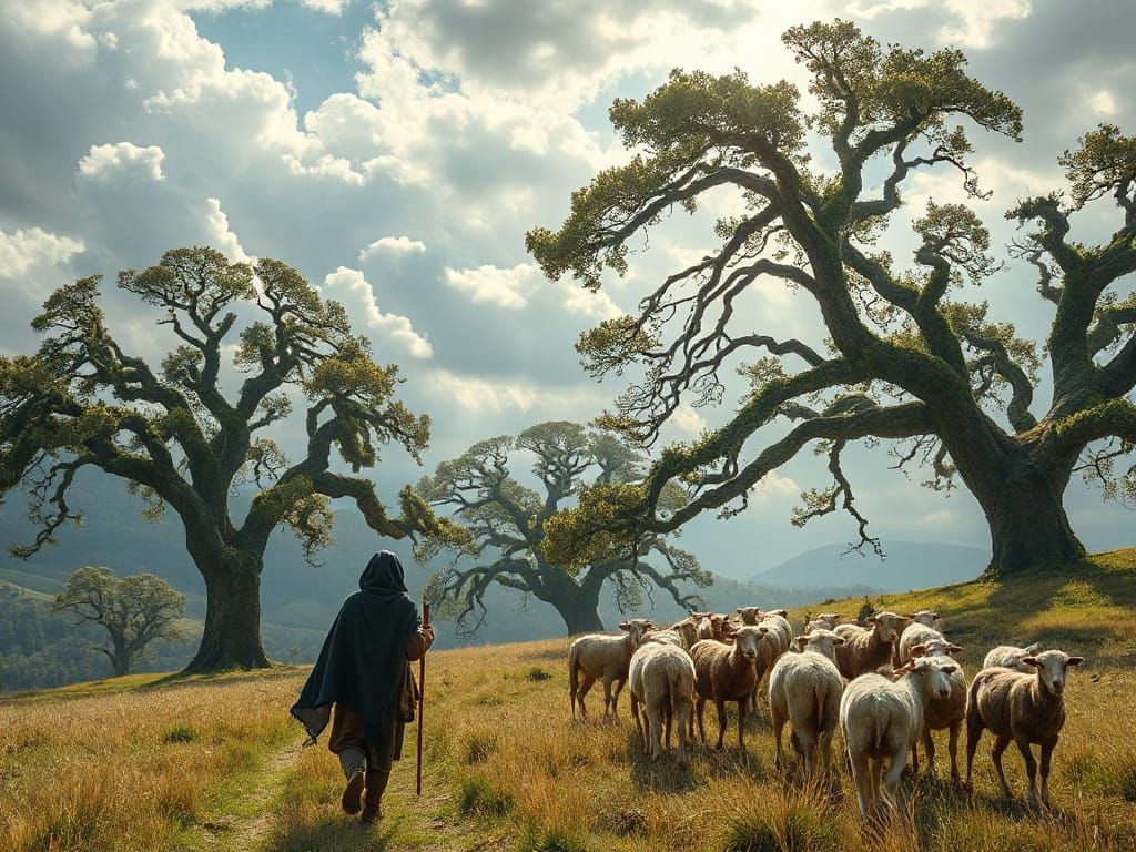 Ethereal Shepherdess Among Ancient Oaks in Whirling Dance of...