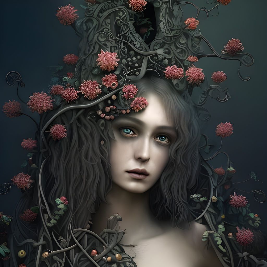 Moon Encircled by Thorny Vines in Fantasy Style