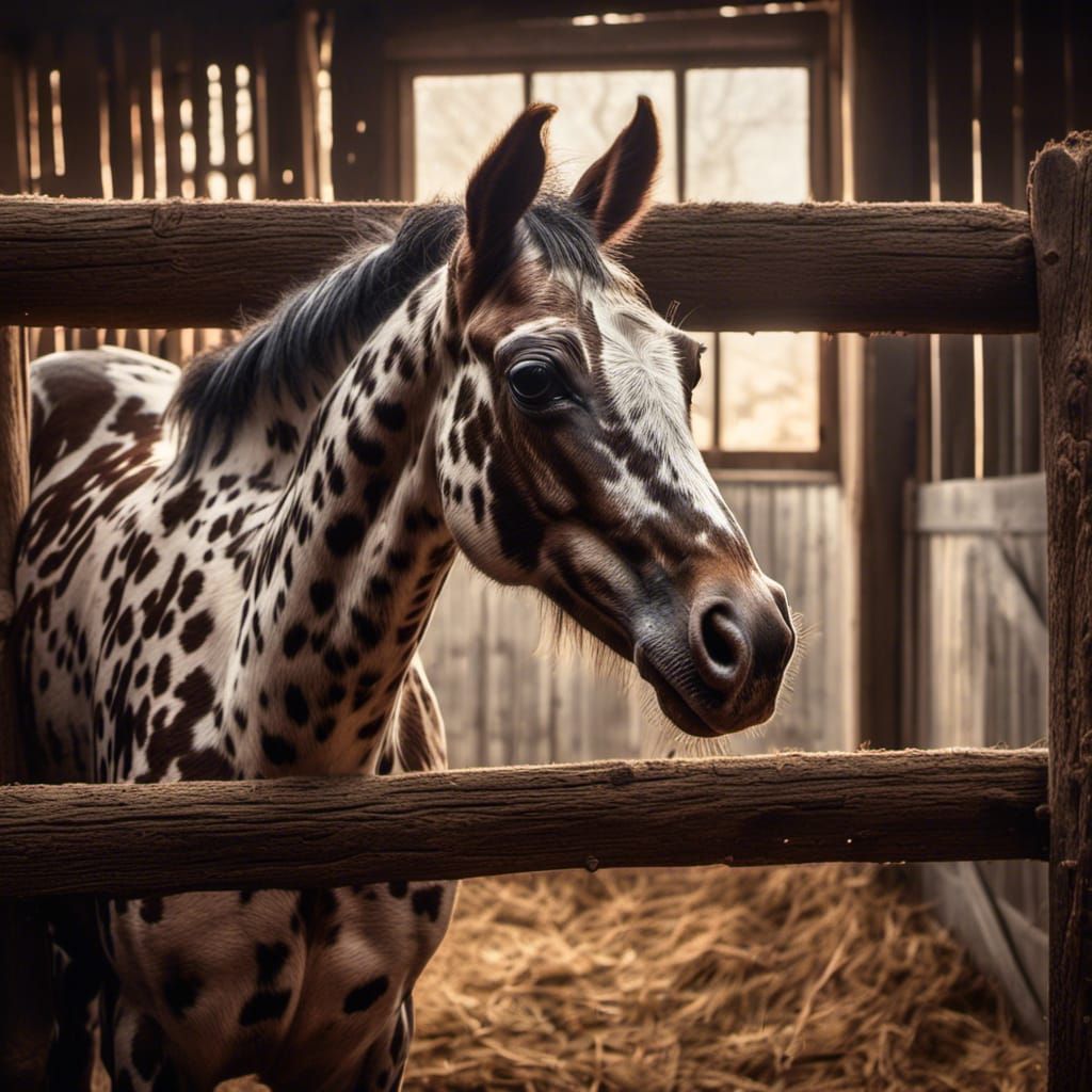 Appaloosa foal in a rustic barn