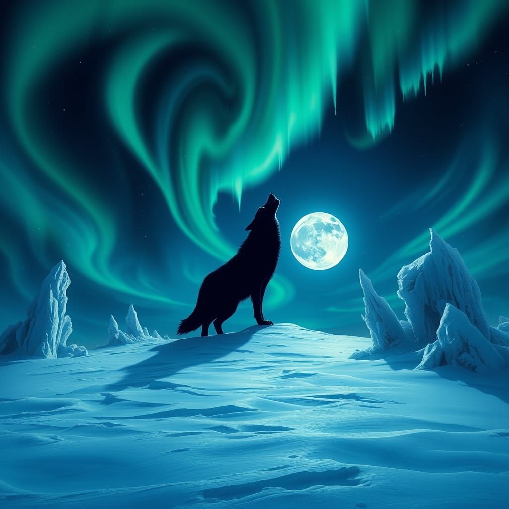 Lone Wolf Howling Under Aurora Borealis in Dark Fantasy Styl...