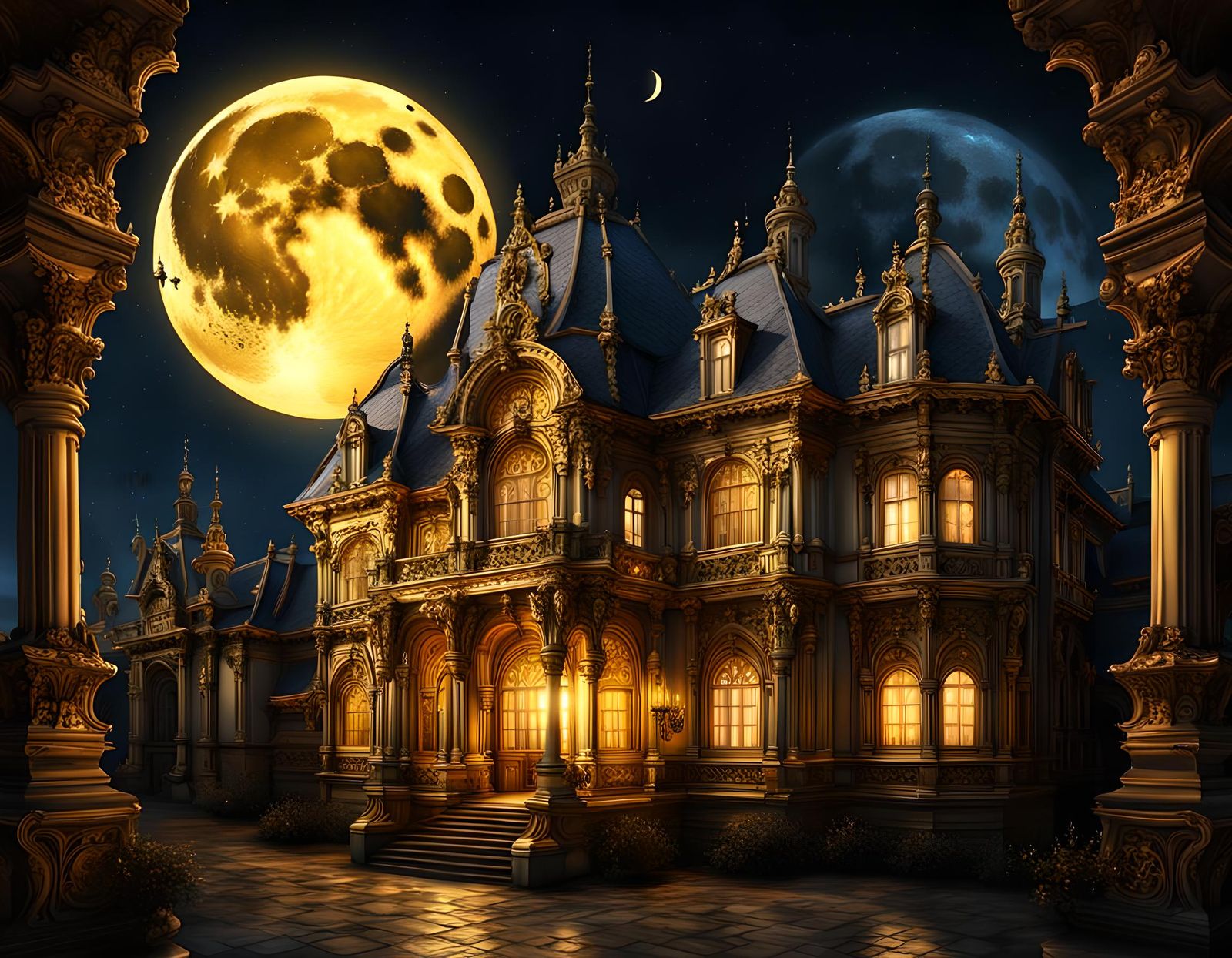 Golden Moon Over Post-Gothic Rococo Architecture