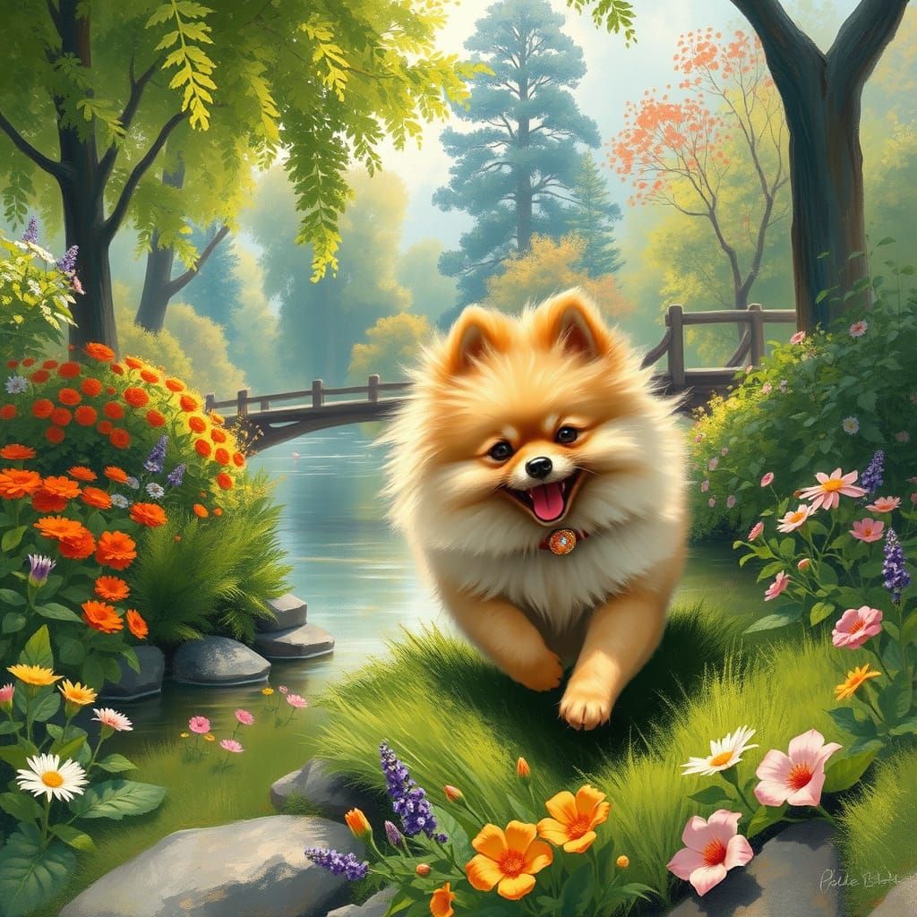 Vibrant Impressionist River Garden Scene with Playful Pomera...