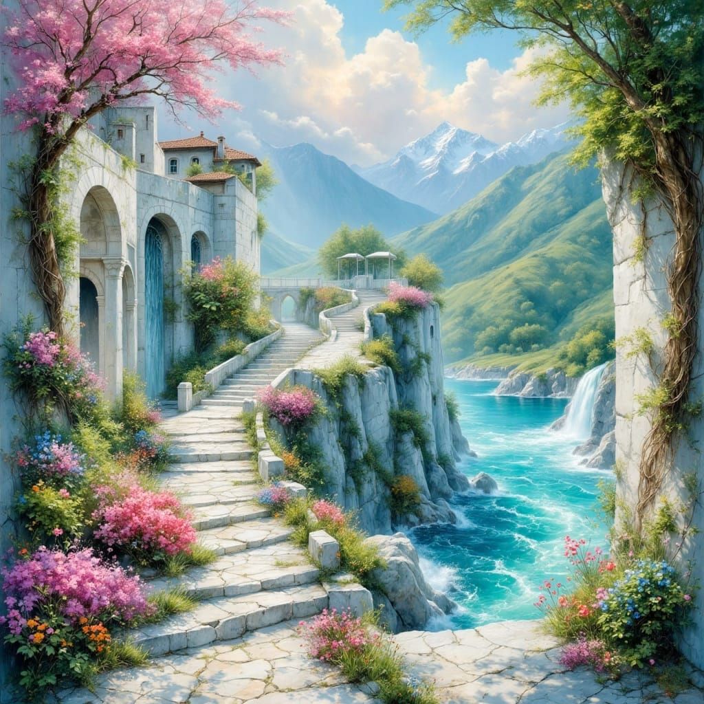 Ethereal Stone Path to Waterfall Dreamscape