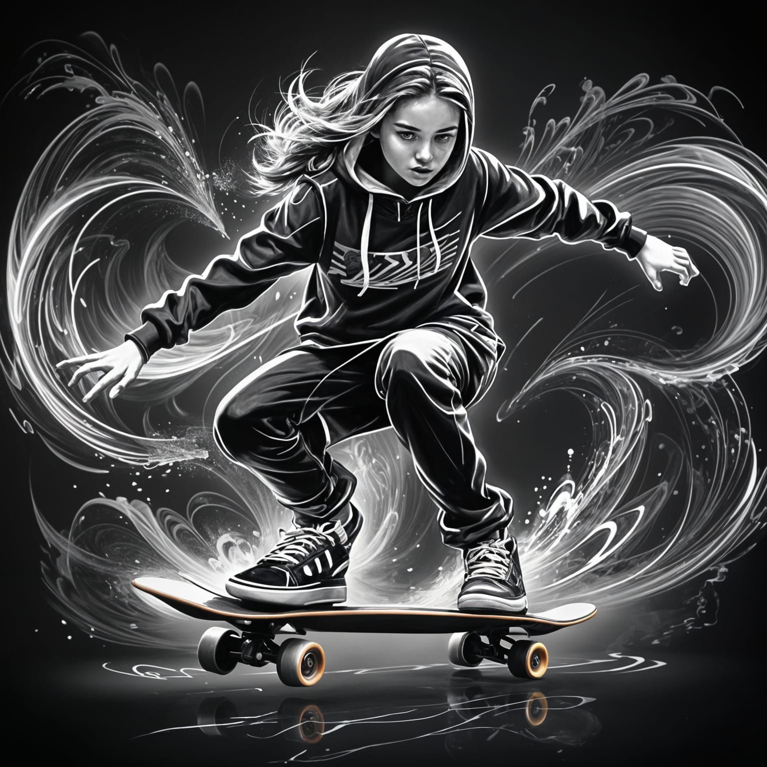 Hooded Skateboarder: Dynamic Black and White Concept Art