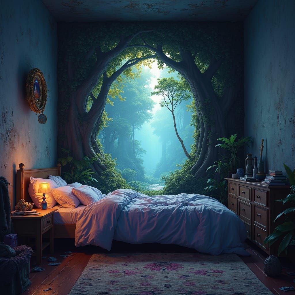 Mystical Forest Portal Shimmers on Bedroom Wall