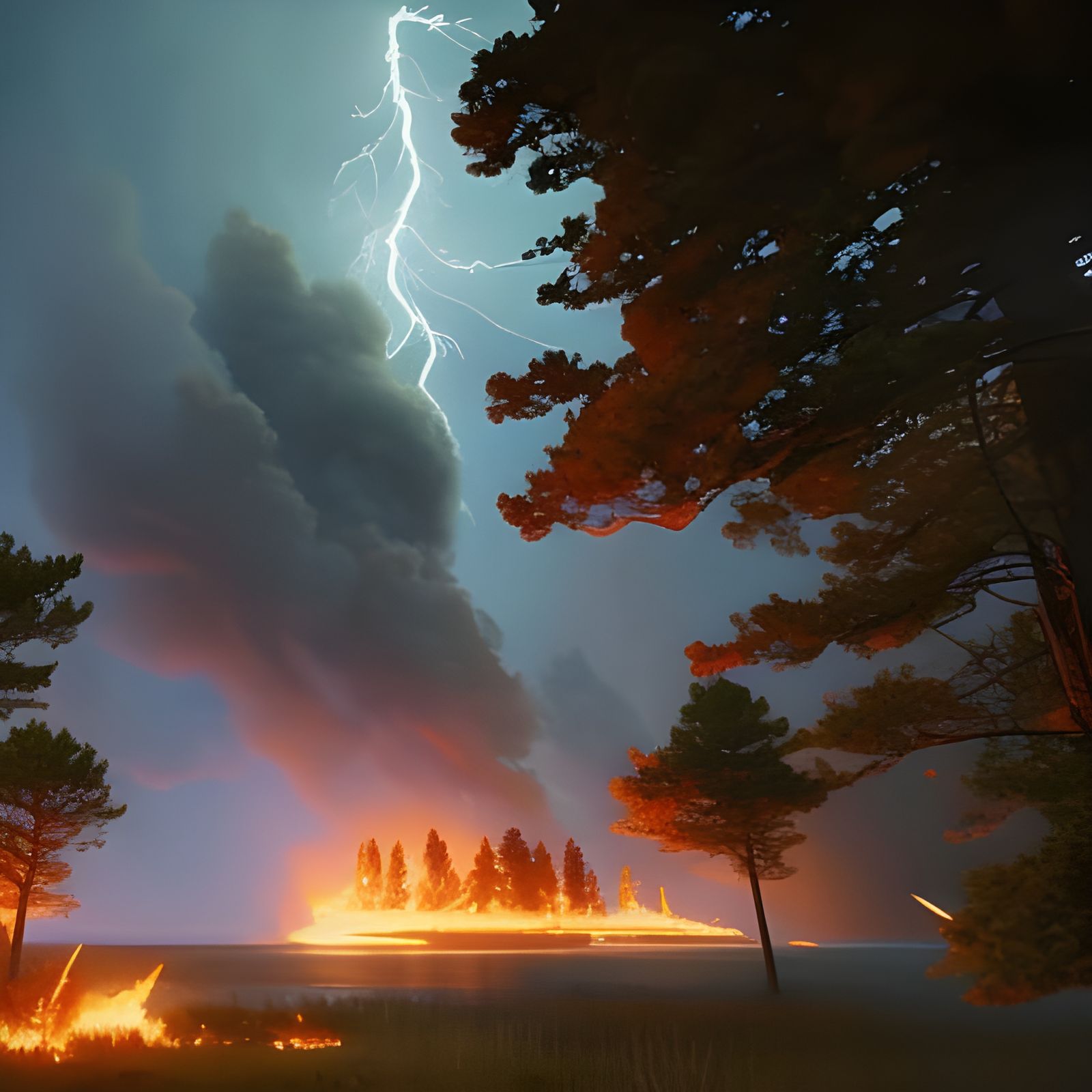 Dramatic Wildfire and Lightning Digital Art
