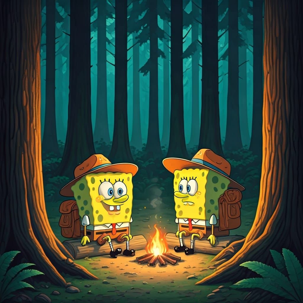 SpongeBob Camping in Forest, Ghibli-Inspired Art