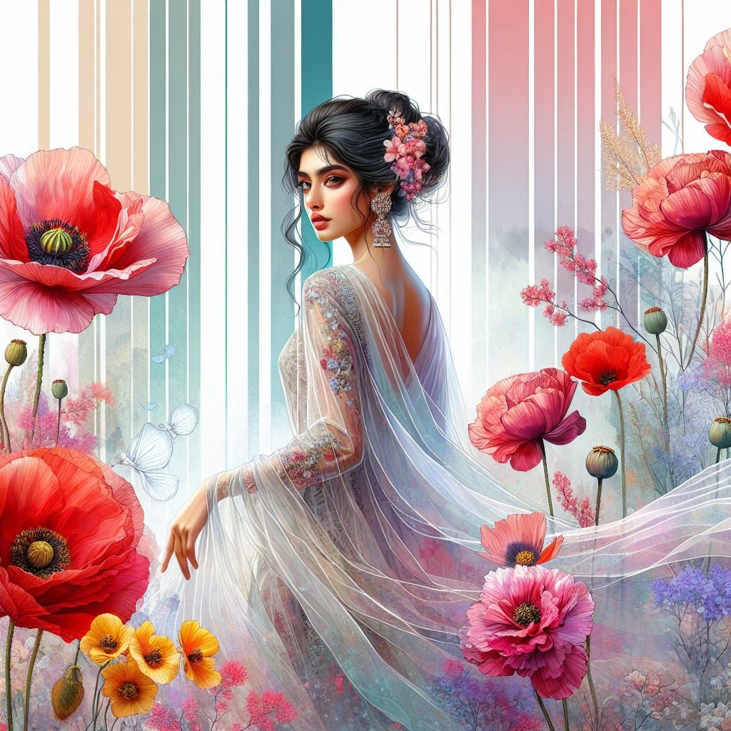 Ethereal Woman in Floral Scene with Pastel Colors