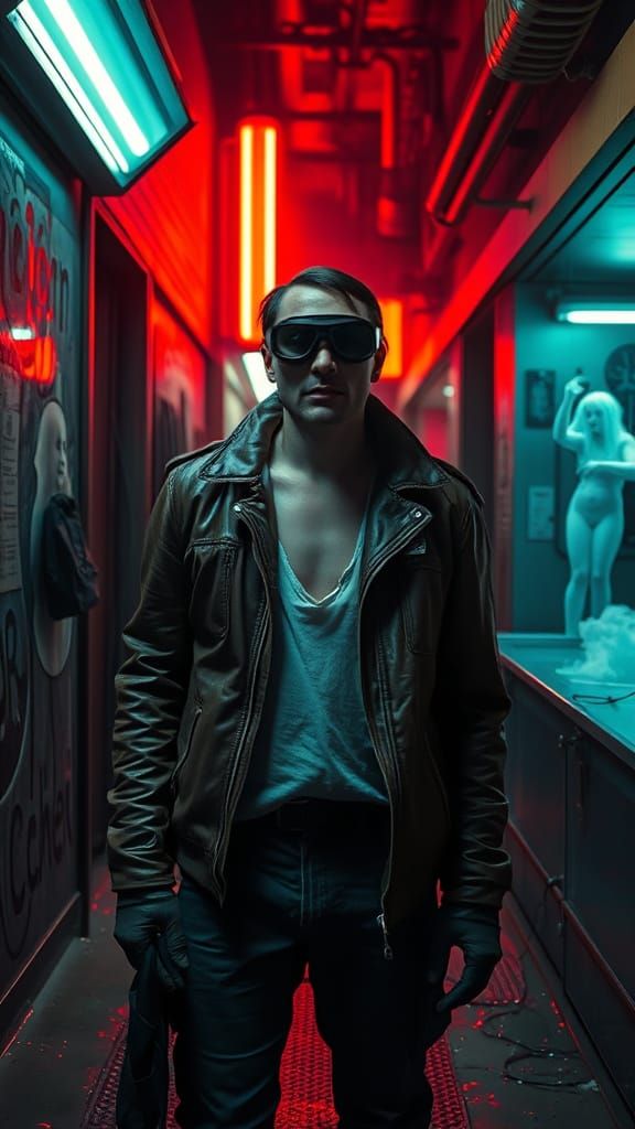 Eerie Neon Darkroom Scene in Cinematic Noir Style