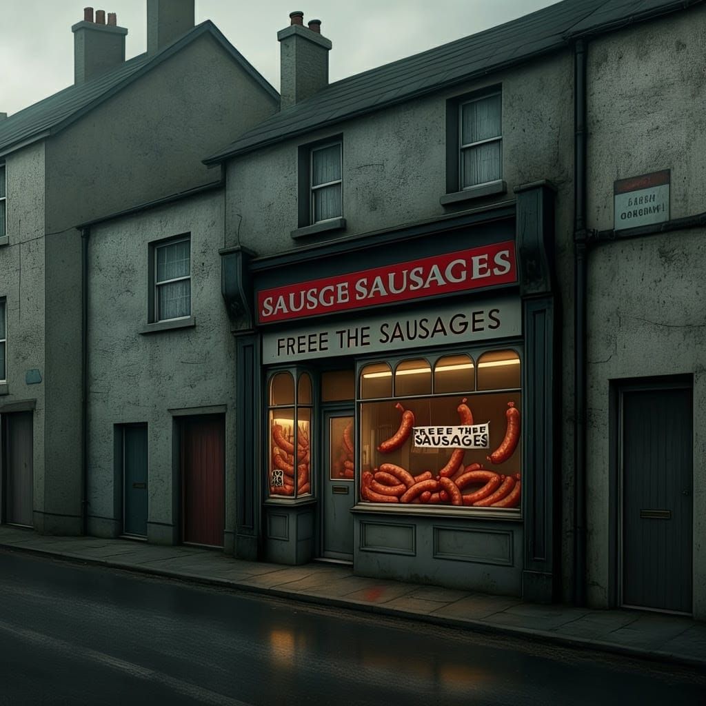 Bleak Village with Grey Houses and a Sausage Shop Sign