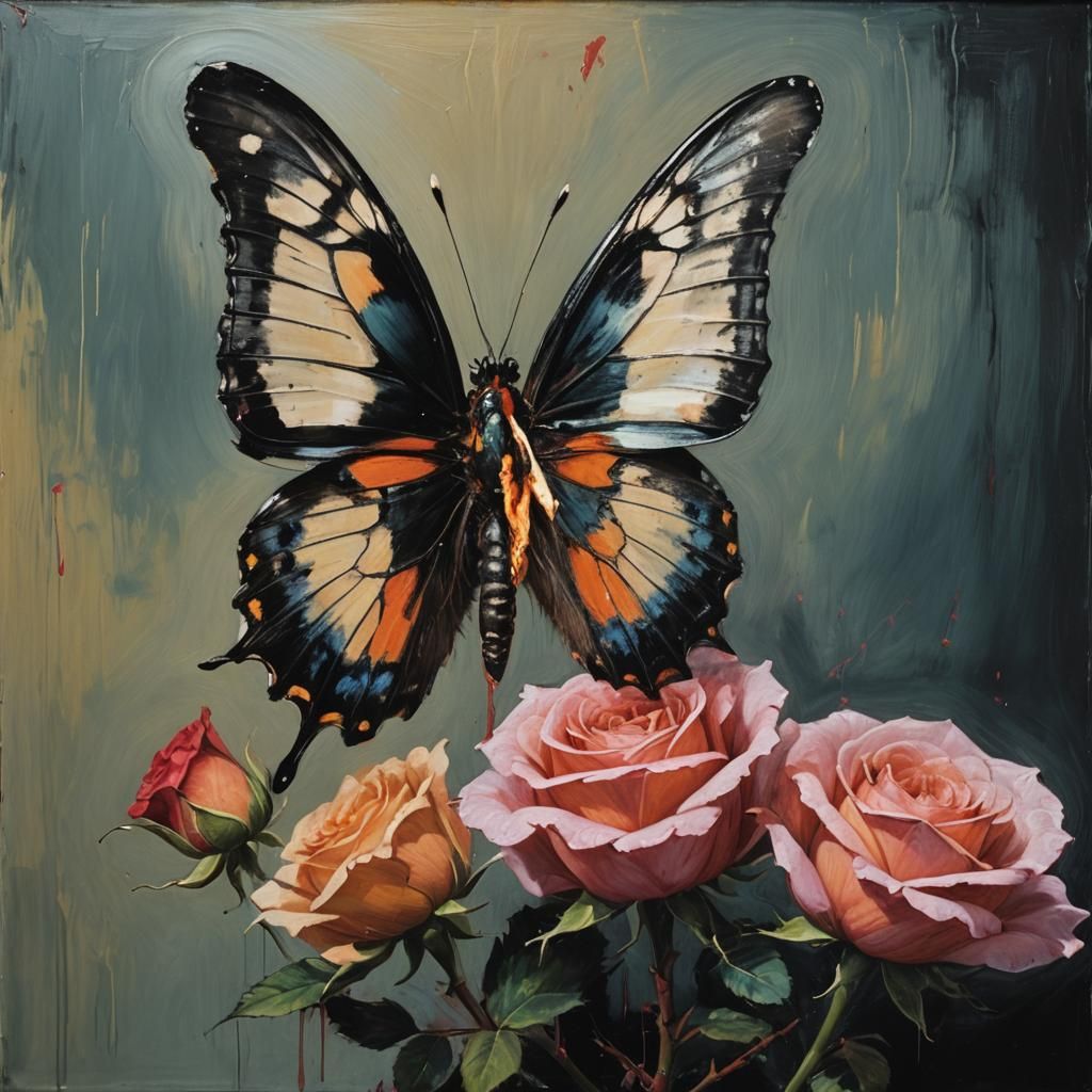 Butterfly on Rose in Distorted Realism Style