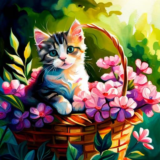 Kitten in Flower Basket Watercolor Painting