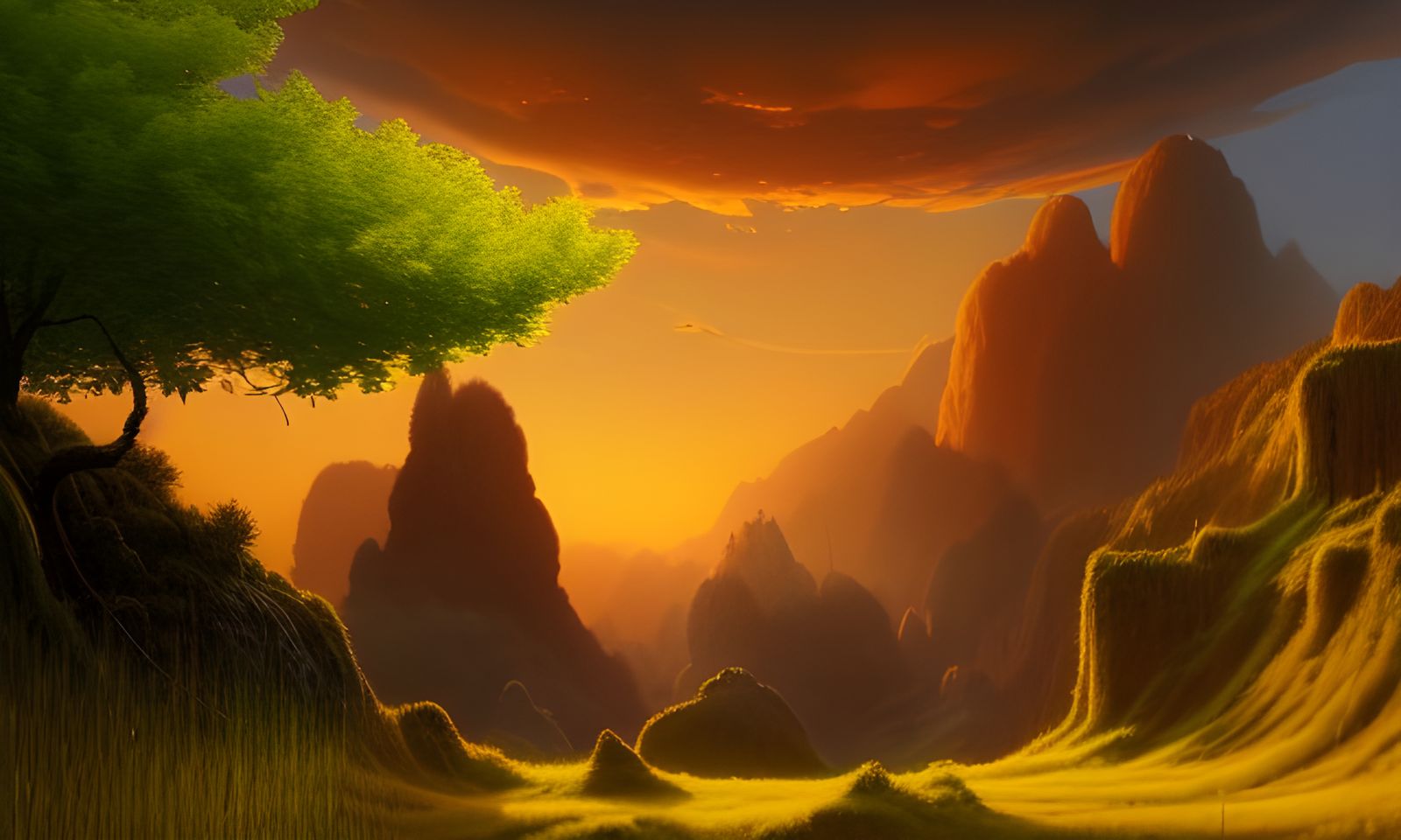 Green Grass Meets Orange Sunset: Detailed Matte Painting