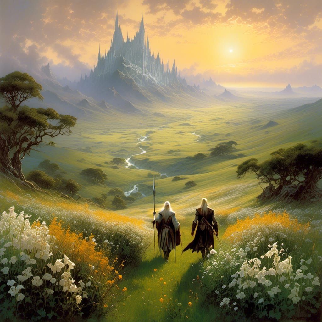 Elves in Wildflower Meadow at Sunrise