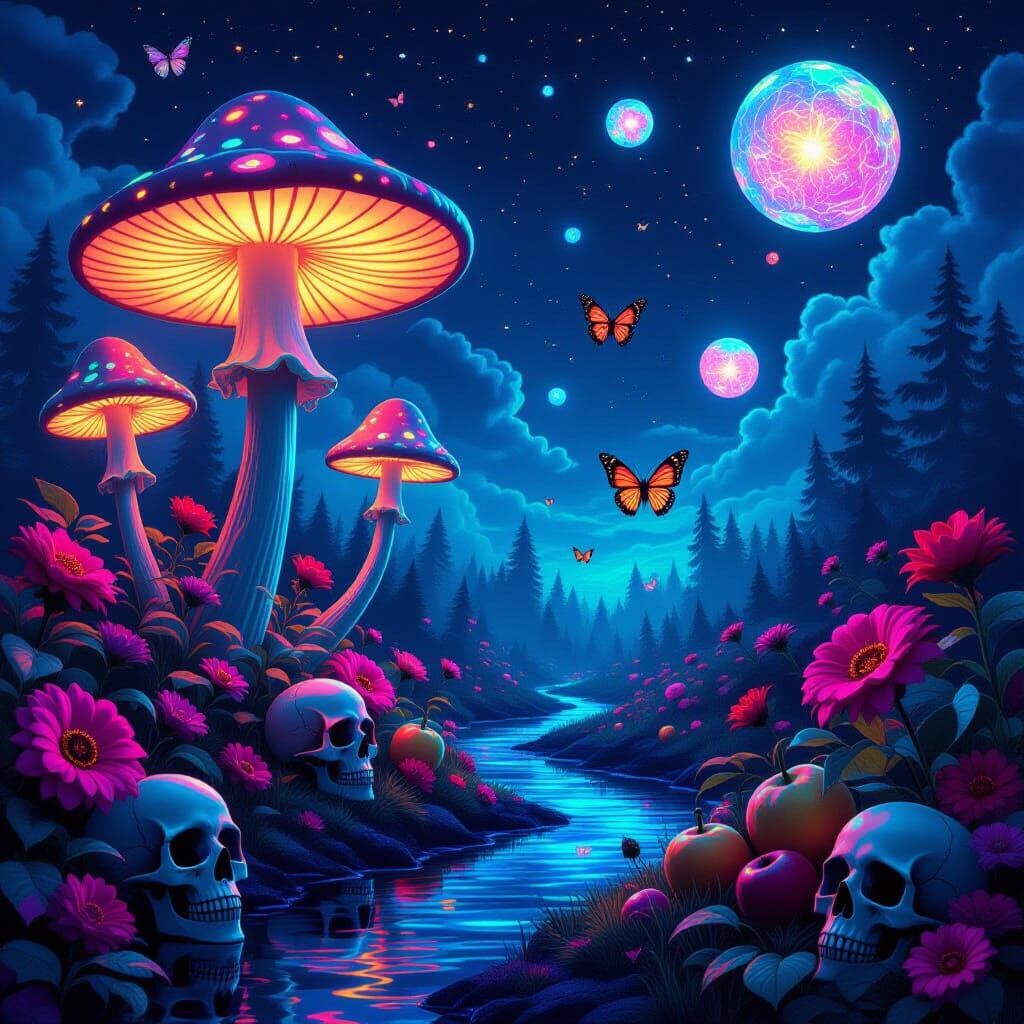 Psychedelic Horror Landscape with Cosmic Mushrooms and Eerie...