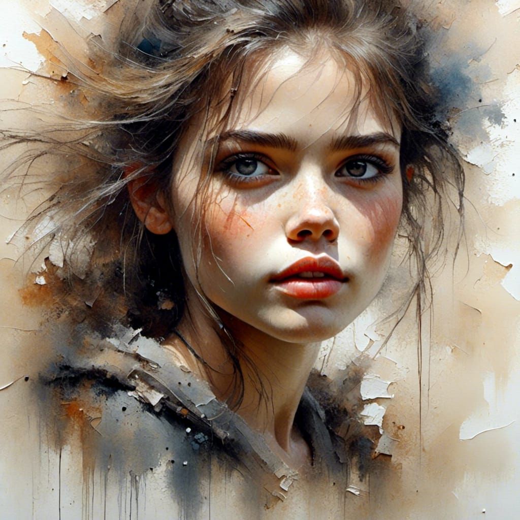 Watercolor Portrait of Girl on Beach at Midnight