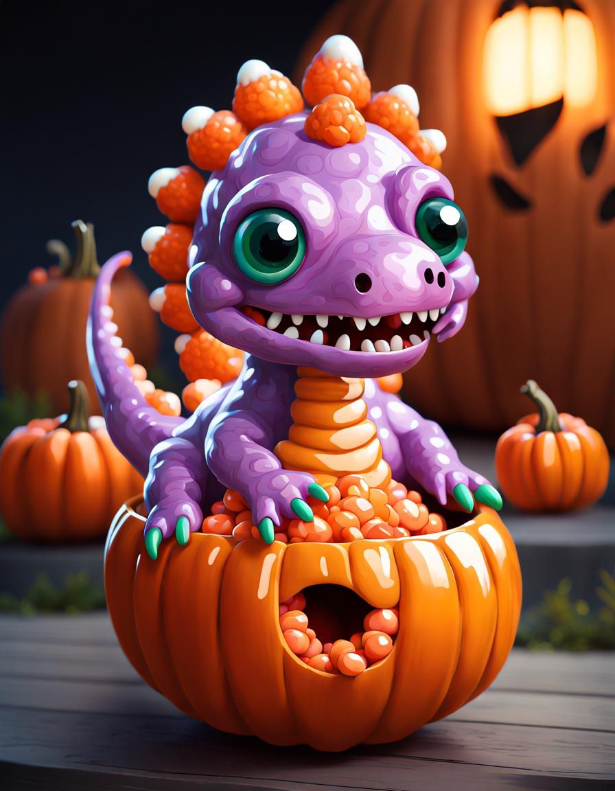 Adorable Candy Dinosaur Trick-or-Treating at Night