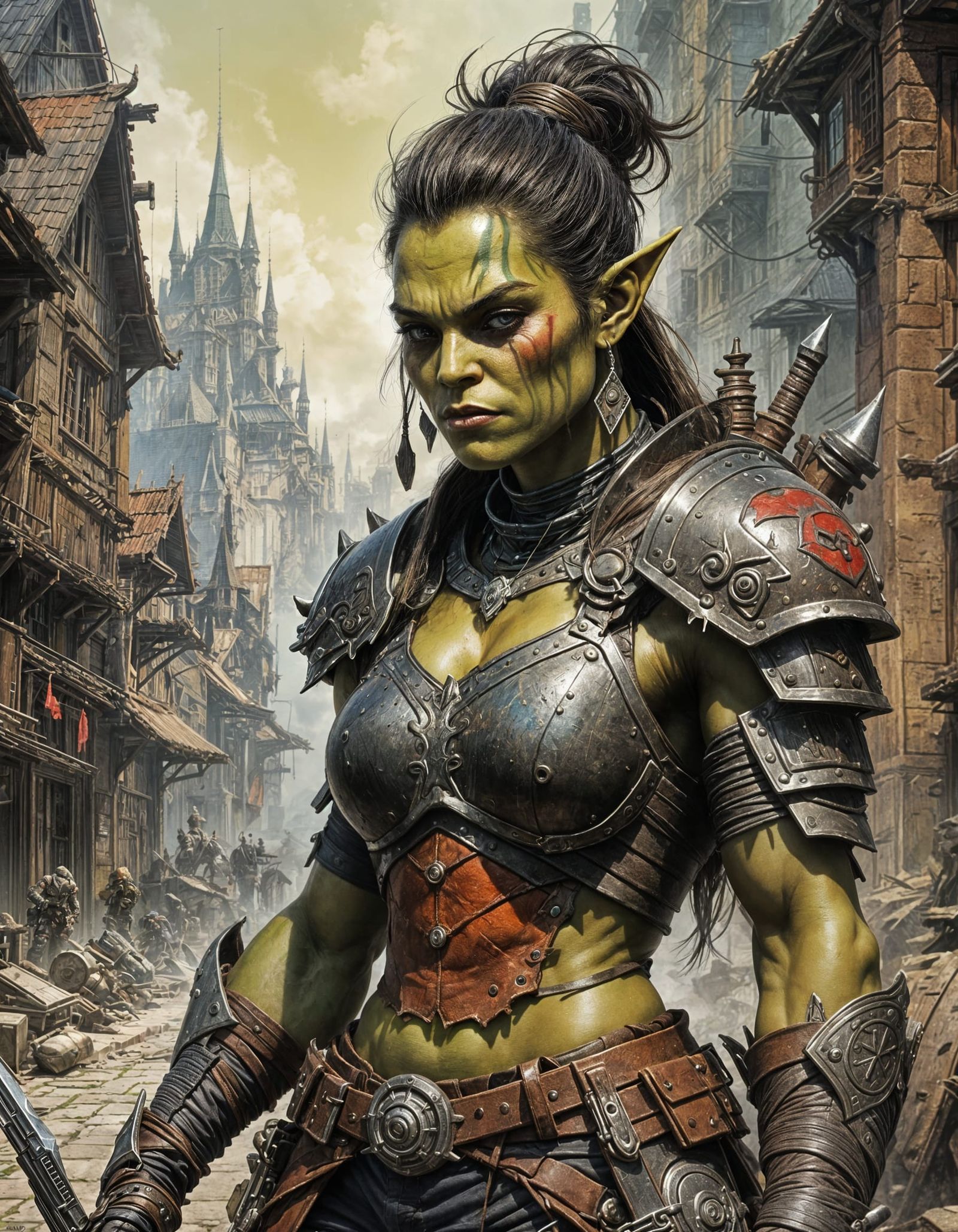 Vivid Crayon Caricature of a Muscular Orc Beauty