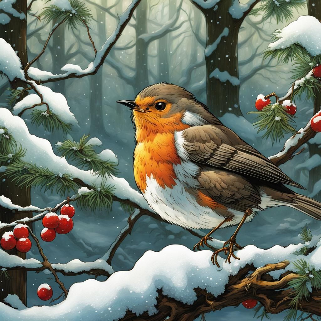 Robin in Snow-Covered Forest, Rackham Anime Style
