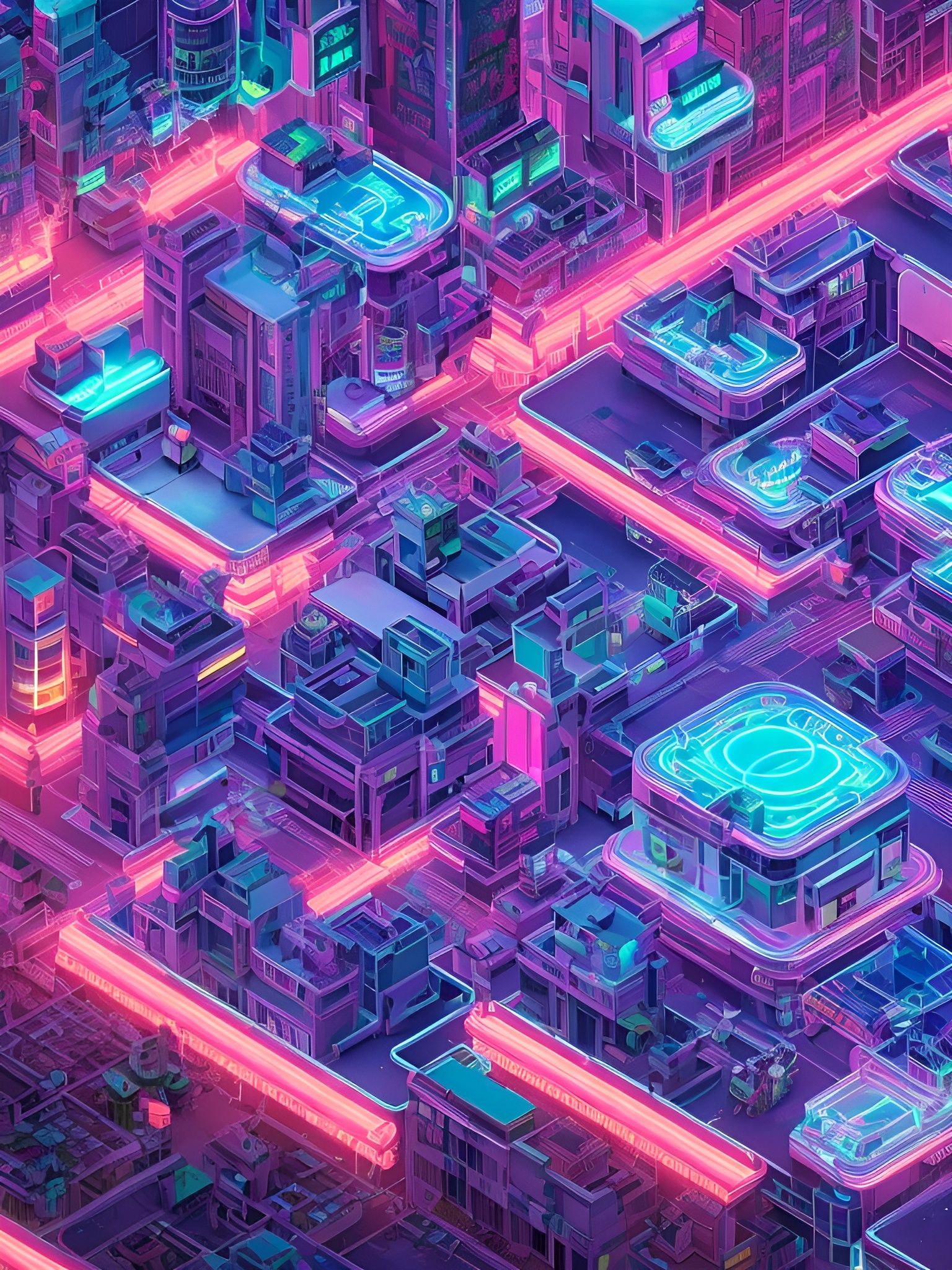 Futuristic Vaporwave City in Isometric View