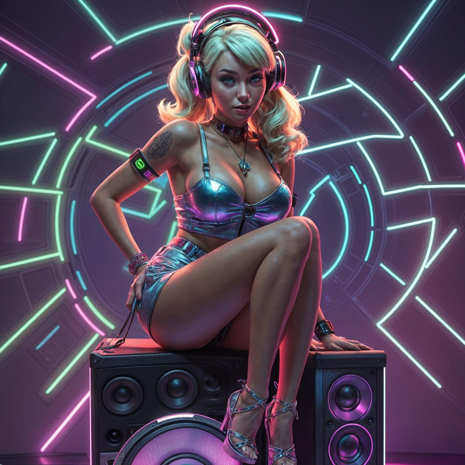 Rave Girl Pin Up Posed on Subwoofer in Blacklight Anime Styl...