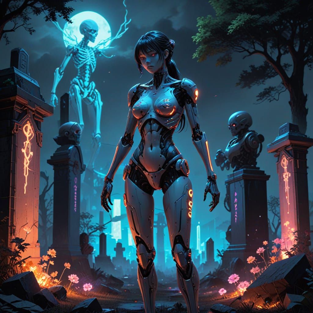 Cyberpunk Necromancer in Neon-Lit Graveyard