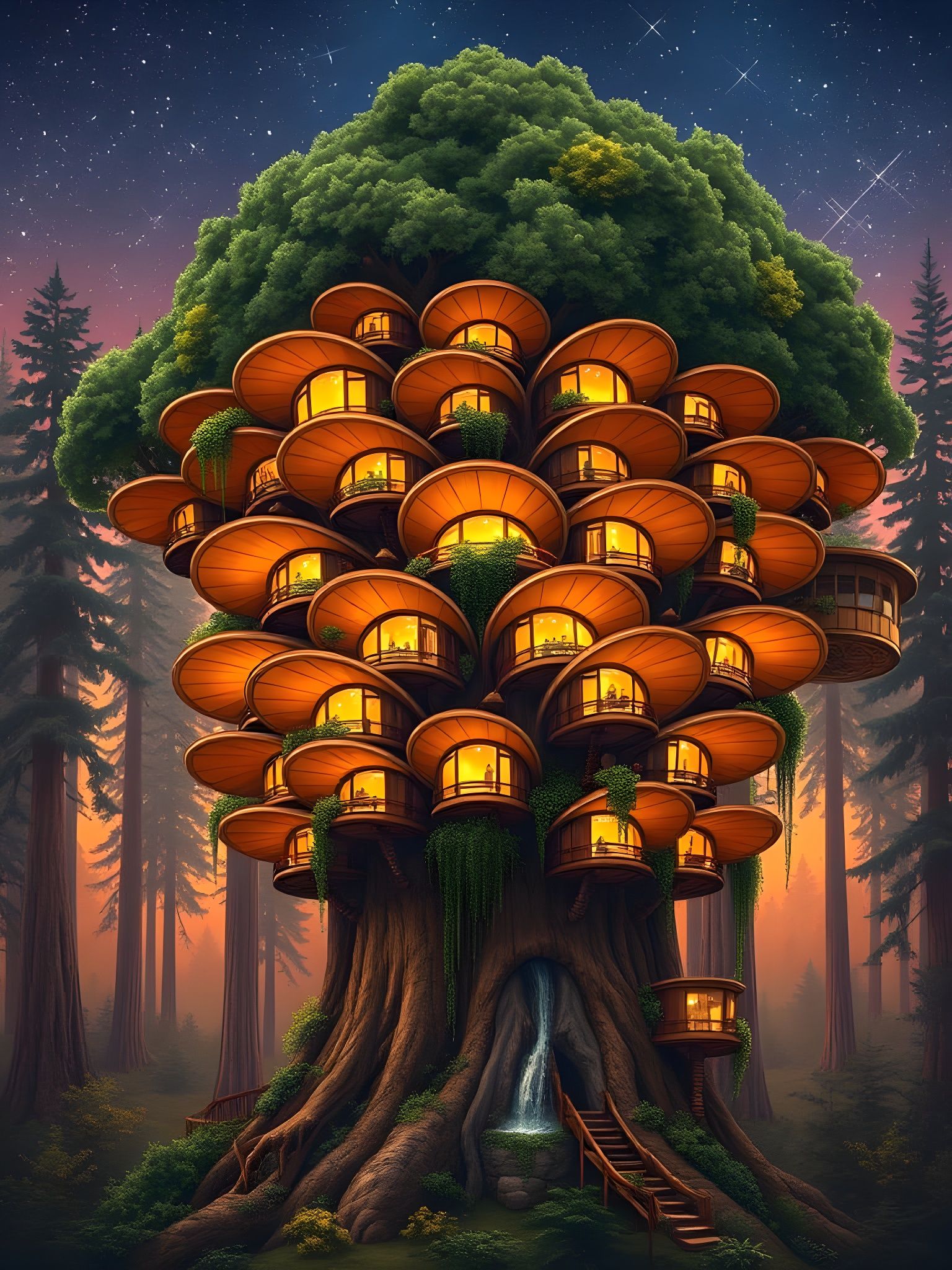 Whimsical Treehouse Village at Dusk