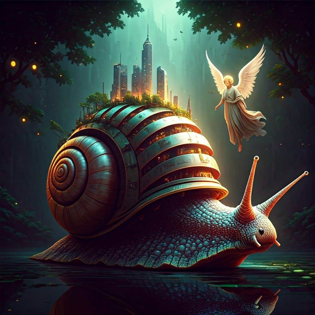 Bioluminescent City on Snail Shell: Fantasy AI Art