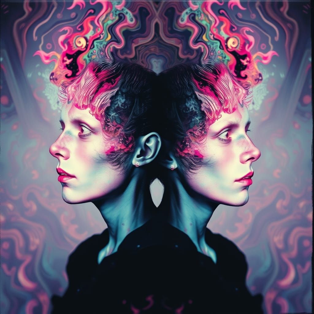 Surreal Double Exposure Portrait in Dreamlike Landscape