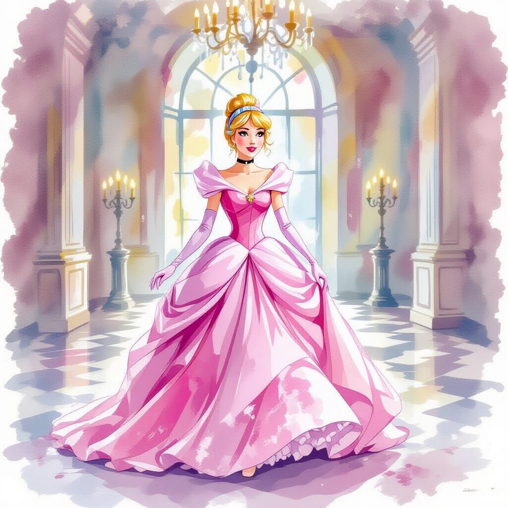 Cinderella in Pink Gown in Watercolor Ballroom