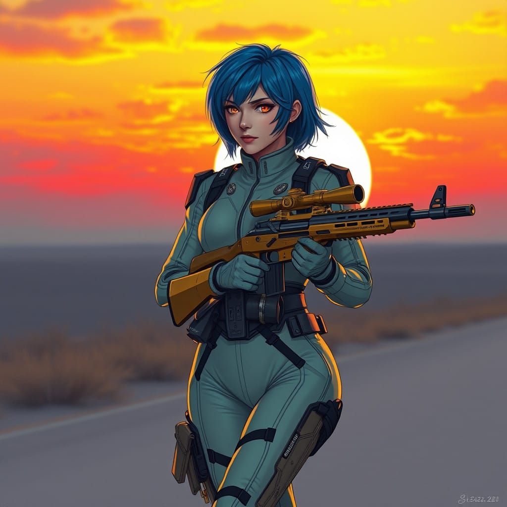 Cyberpunk Goddess Walks into Sunset with Golden Sniper Rifle