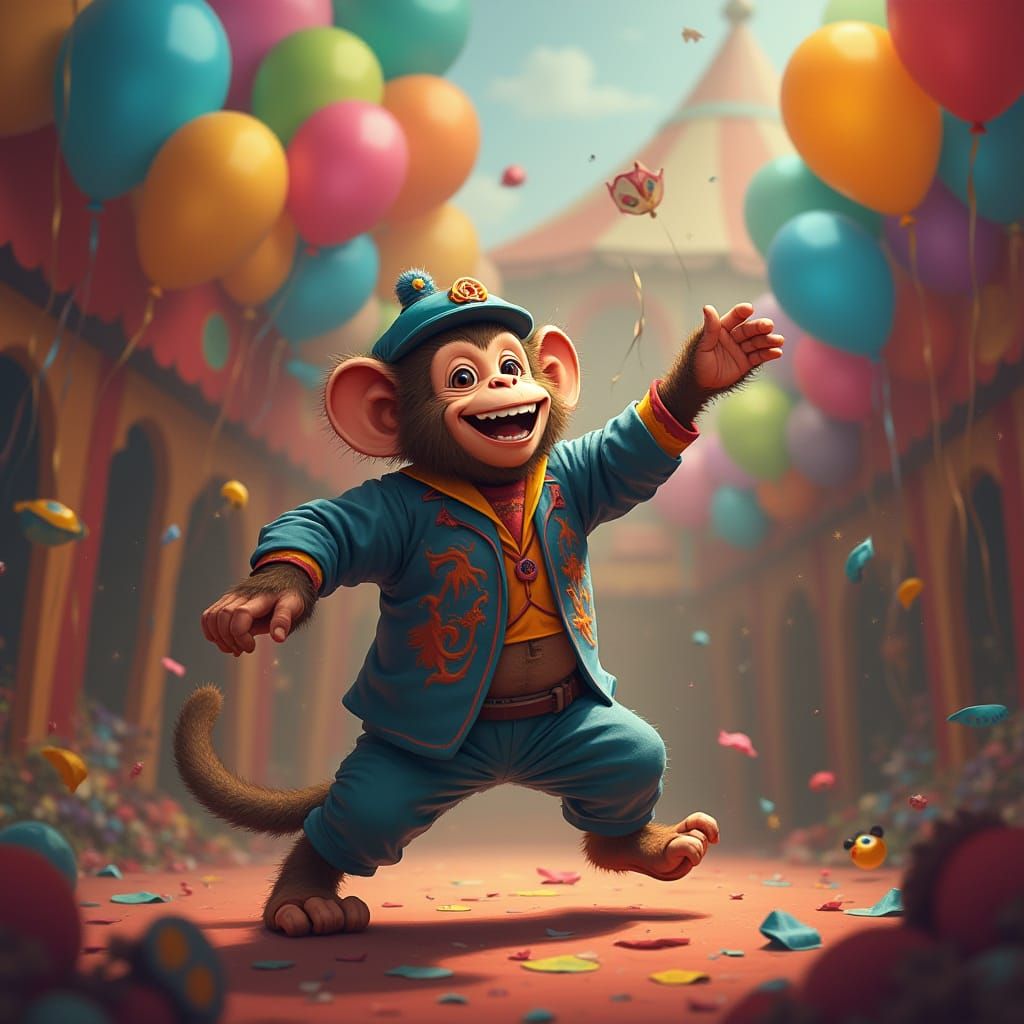 Whimsical Monkey Tosses Darts at Colorful Balloons in Fantas...