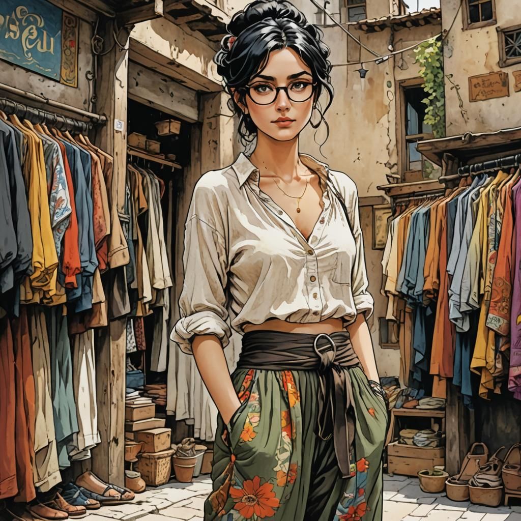 Woman Gazing at Colorful Gypsy Skirts, Modern Fantasy Style