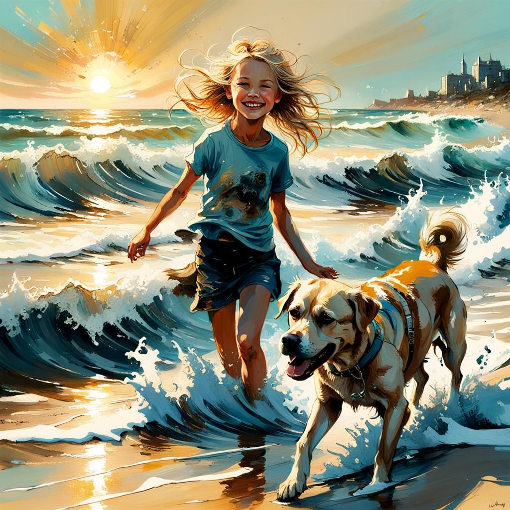 Girl and Dog at Sunrise: Digital Fine Art