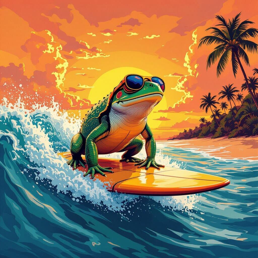 Frog Surfing Tropical Wave in Hyperrealistic Style