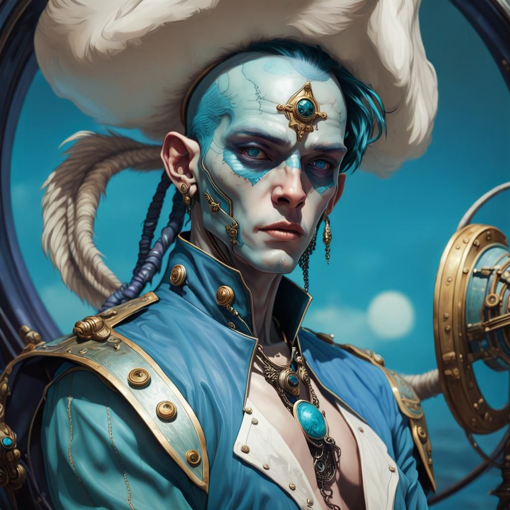 Blue-Skinned Alien Pirate Captain Portrait in Digital Art St...