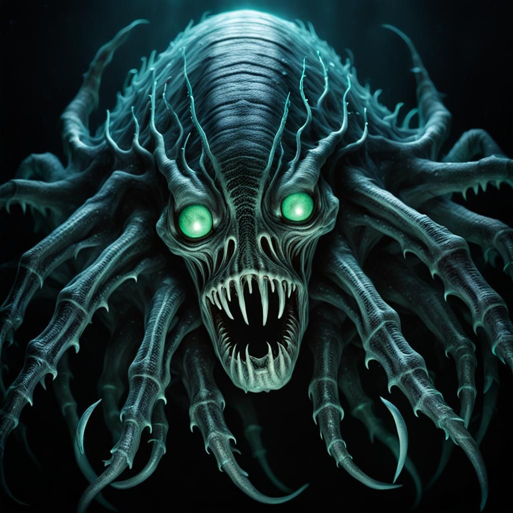 Bioluminescent Deep Sea Horror in Giger-esque Surrealism