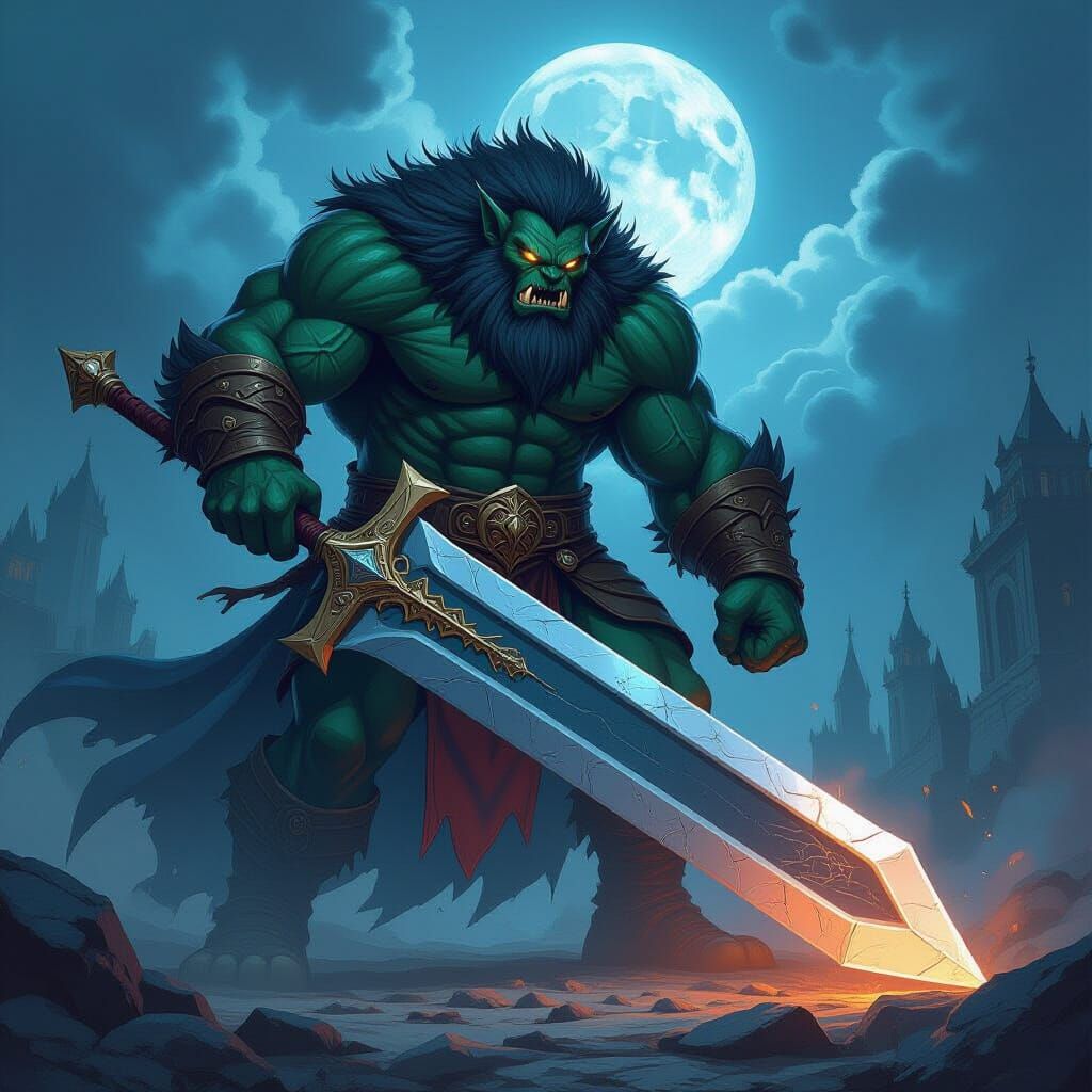 Majestic Monster Wielding Colossal Sword in Comic Style