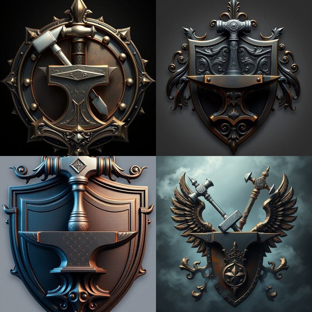 Surreal Fantasy Metalworker Crest in Deep Bronze and Silver