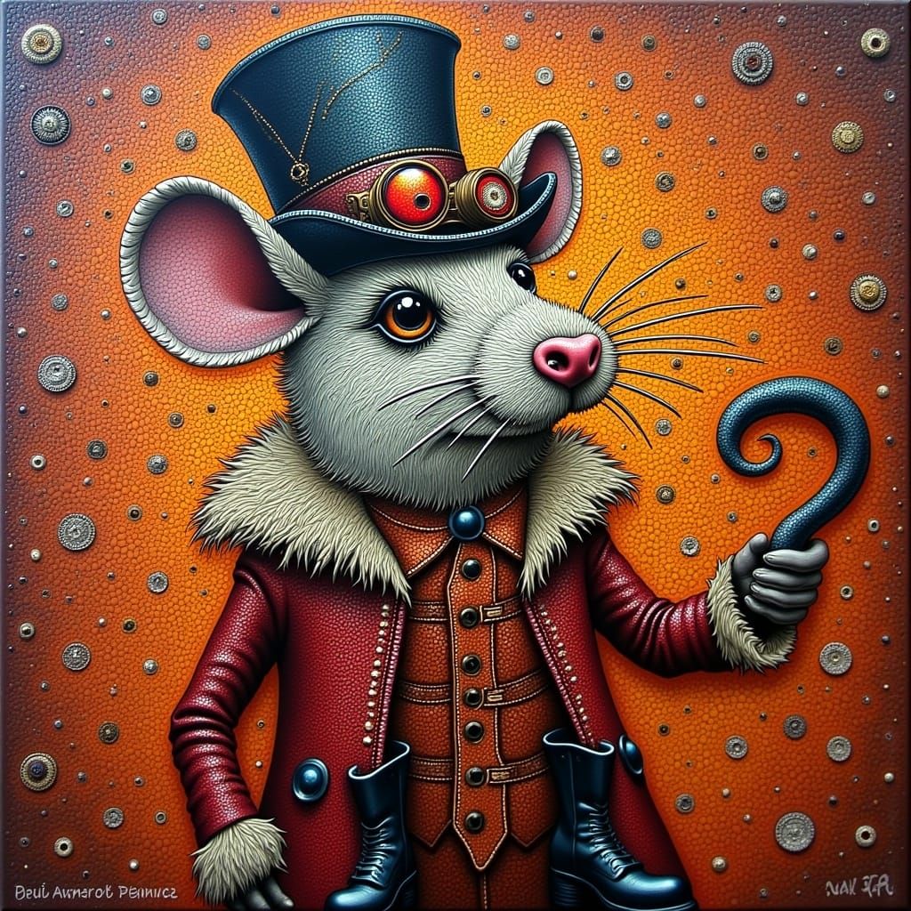 Steampunk Santa Rat in Pointillist Oil Painting