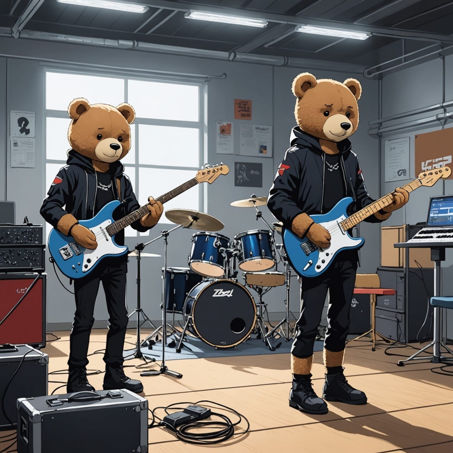 Teddy Bear Shoegaze Band Rehearsing: Anime Style