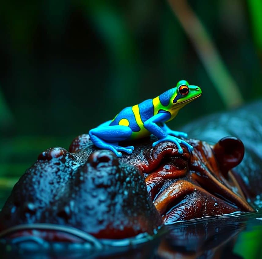 Neon Frog Rides Hippo in Fluorescent Swamp
