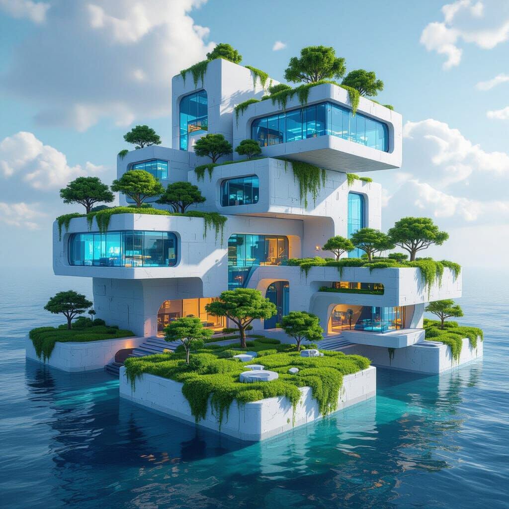 Futuristic Floating Ocean City with Green Fields