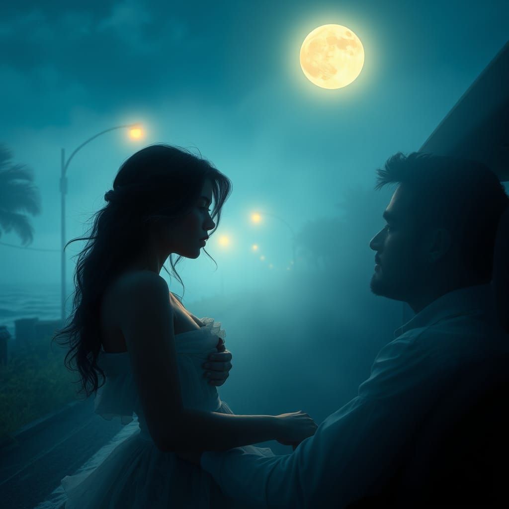 Romantic Roadside Encounter under Moonlight, Digital Art