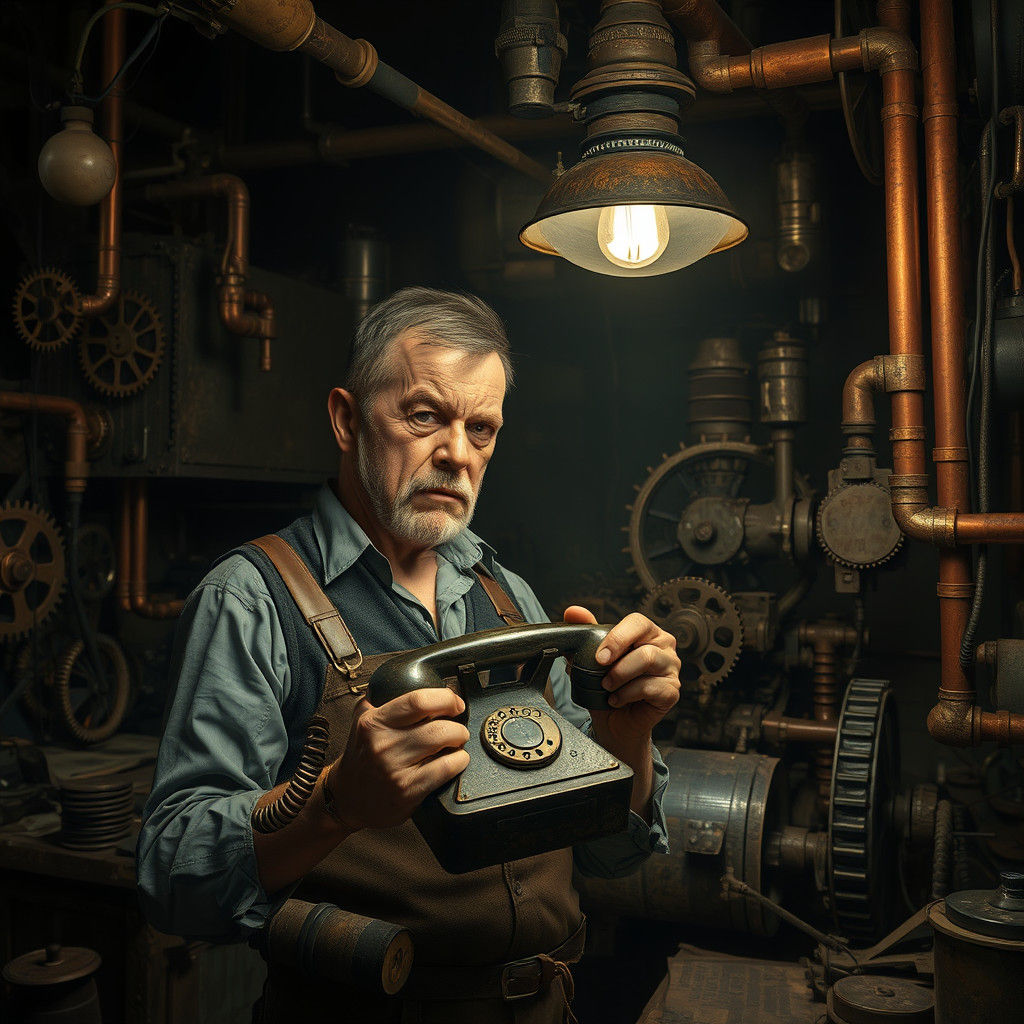 Frustrated Steampunk Inventor with Vintage Telephone